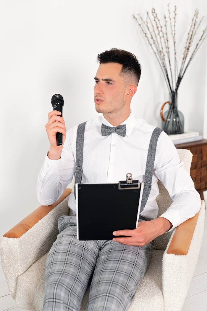 A professional interviewer sitting indoors holding a microphone and clipboard, ready for a stylish interview session.